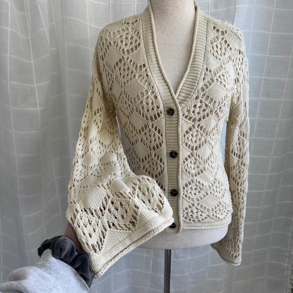 Vince Camuto Womens Pointelle Knit Cardigan Ivory Bell Sleeve Button Front Small